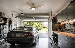 44 inch garage ceiling fan installed in a compact residential garage