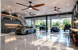 Large garage ceiling fan providing maximum airflow coverage for oversized residential garage spaces