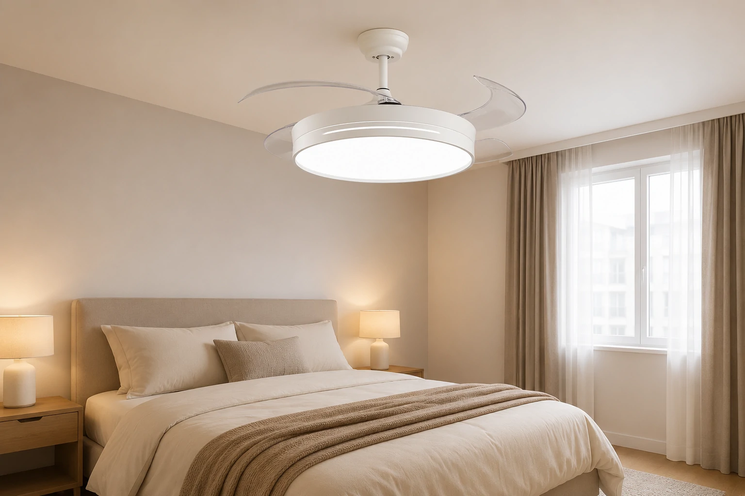 Alt: Bedroom ceiling fan light with retractable blades for a clean and comfortable modern bedroom space