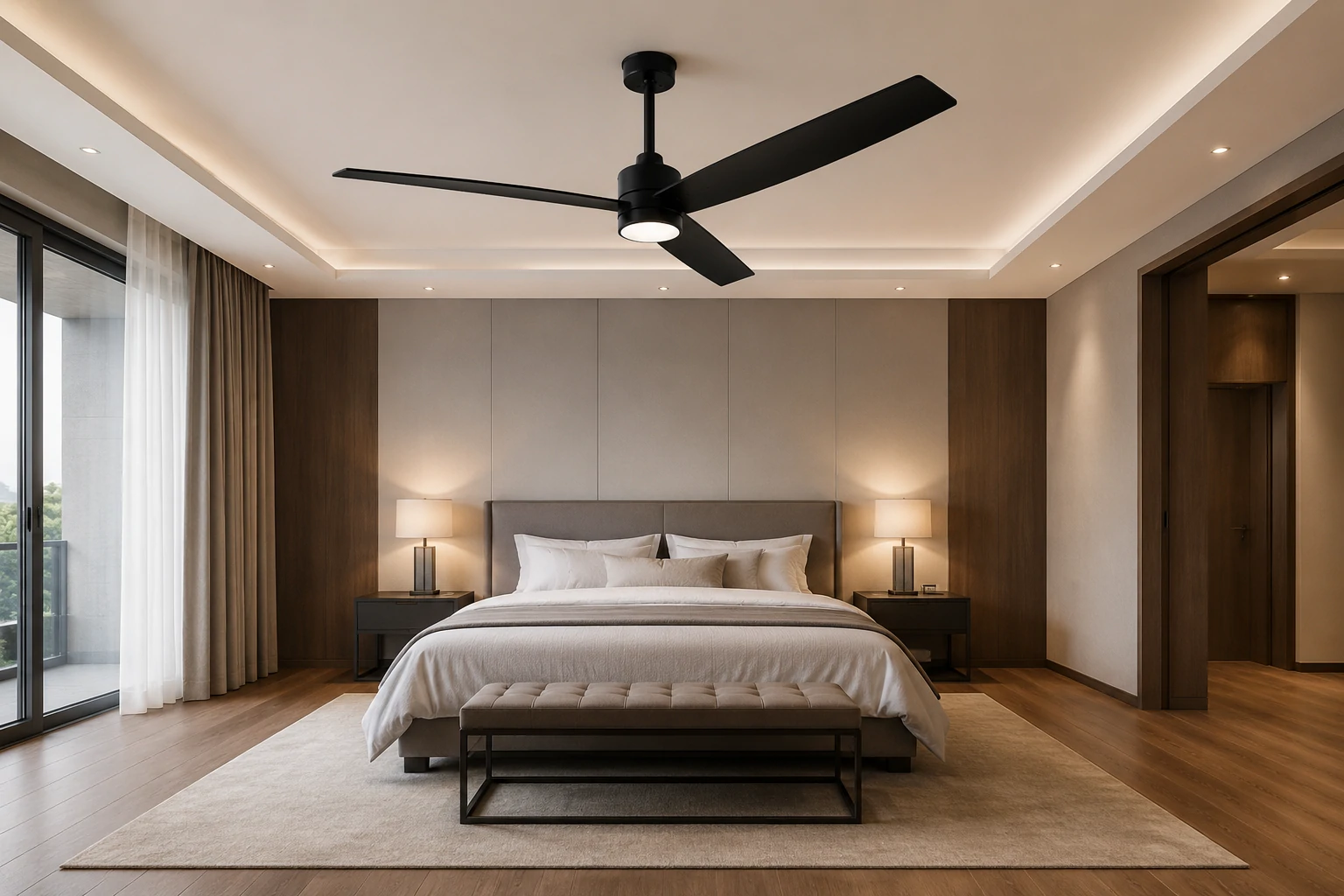 Large black ceiling fan light sized for spacious master bedrooms with balanced airflow and modern design