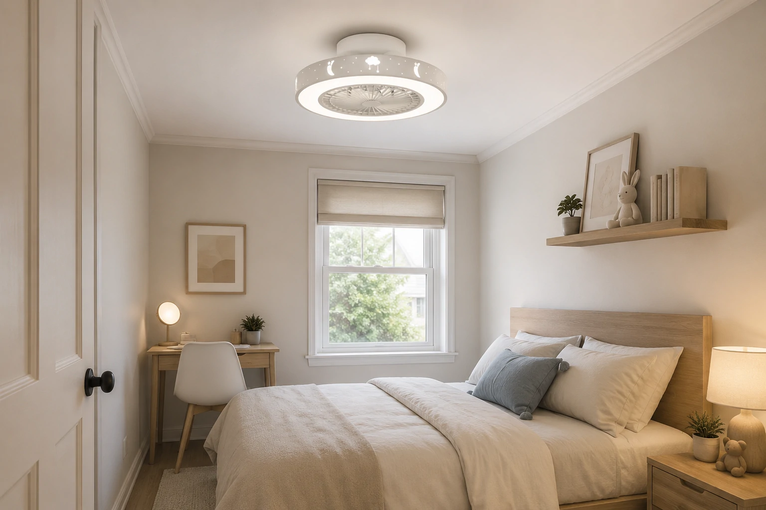 Compact flush mount ceiling fan light for small bedrooms with a cozy and space-saving room design