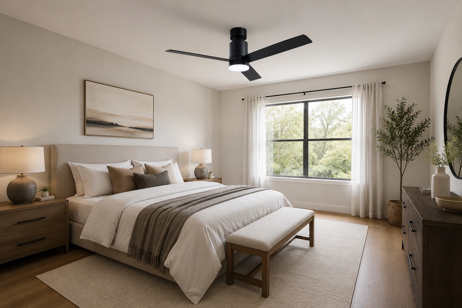 Modern black ceiling fan light sized for medium bedrooms with balanced airflow and room proportion