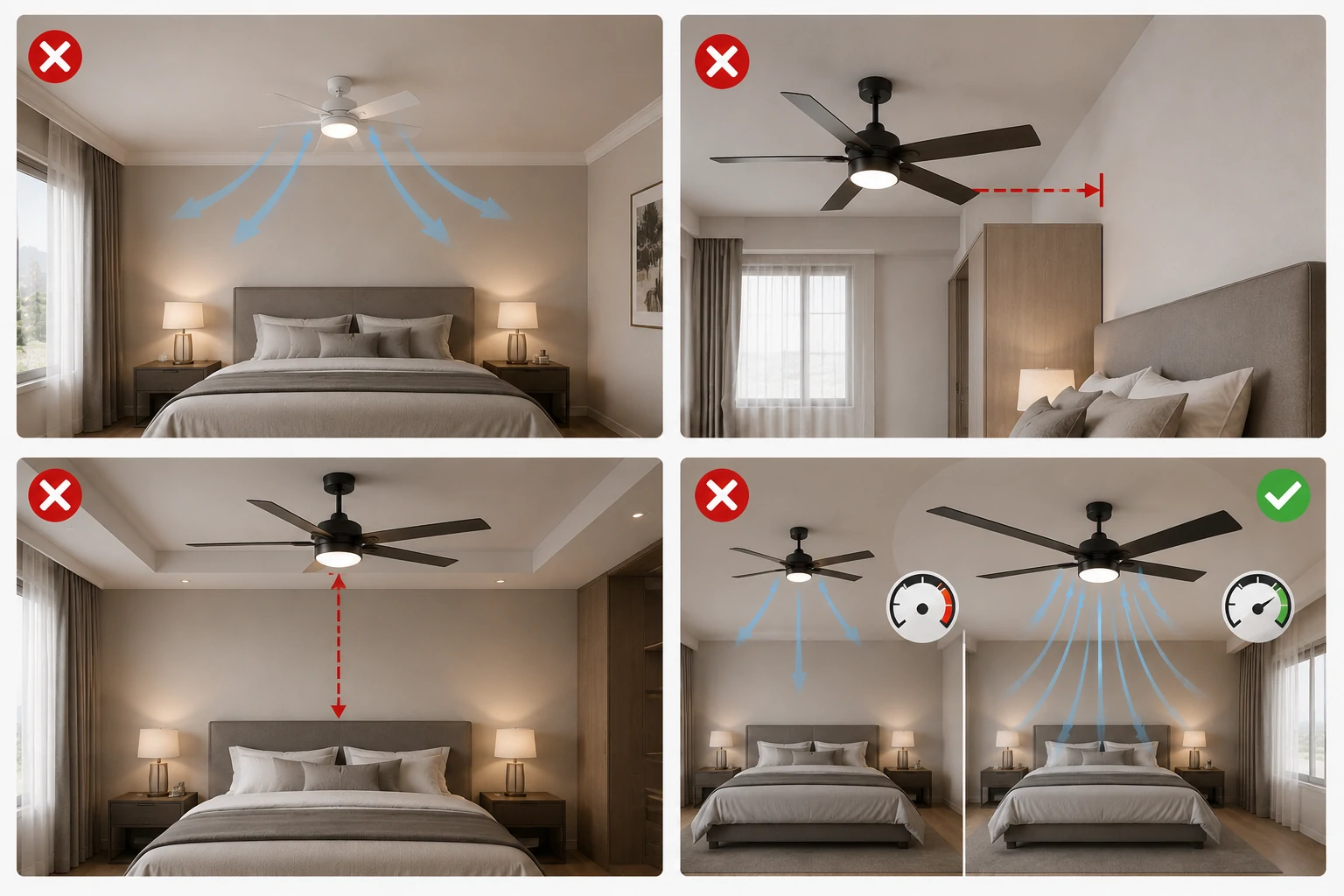 Bedroom ceiling fan sizing mistakes showing improper fan size, wall clearance, ceiling height, and airflow