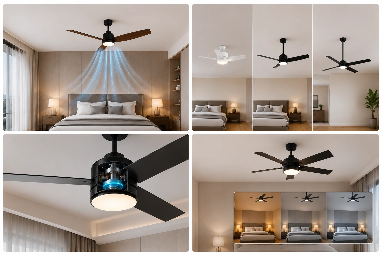 Bedroom ceiling fan size guide image showing airflow, mounting type, quiet motor, and light options