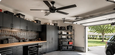 AC motor garage ceiling fan installed in a residential utility garage showcasing airflow performance and typical AC motor application