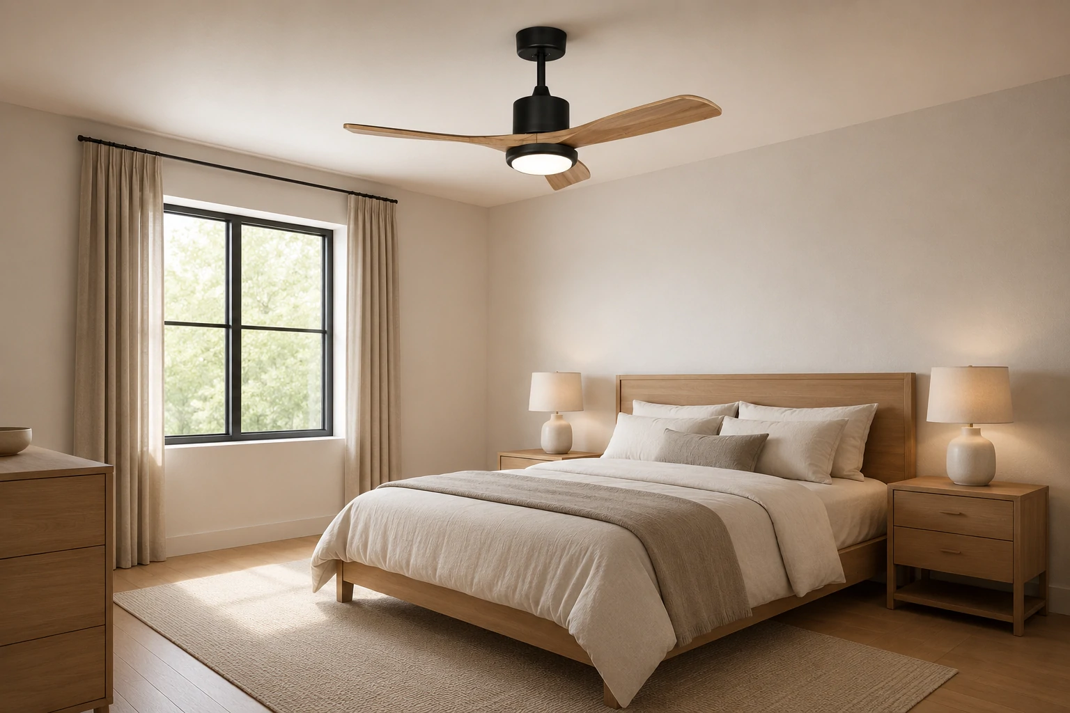 Modern bedroom fans with wooden blades and LED light in a cosy bedroom