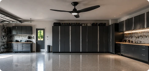 DC motor garage ceiling fan installed in a premium residential workshop garage highlighting quiet operation and energy efficiency