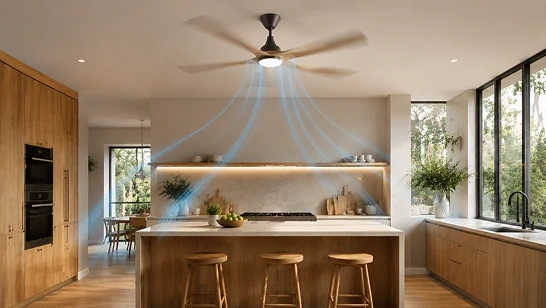 Contemporary kitchen featuring a ceiling fan with DC motor, demonstrating multiple speed settings and gentle airflow