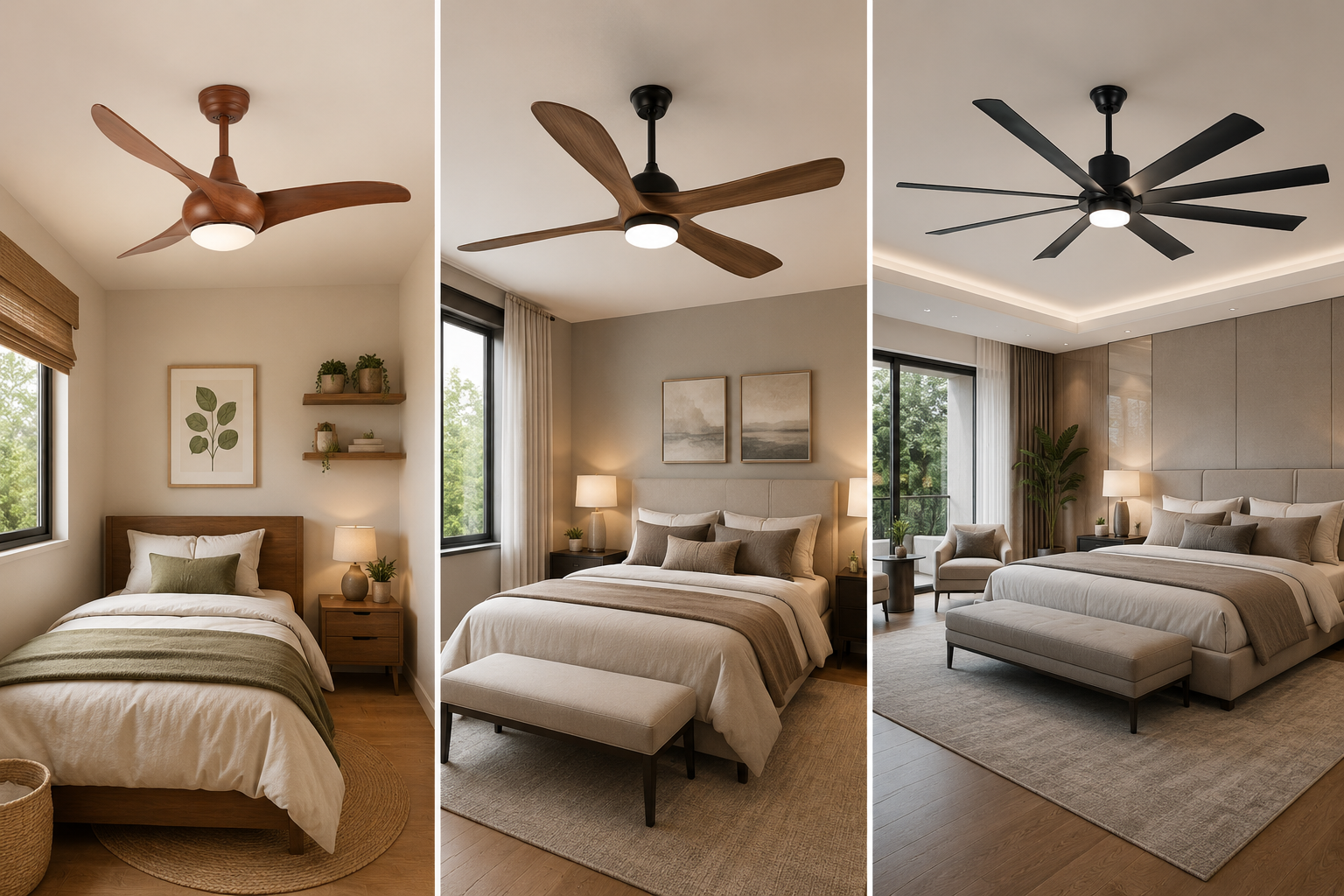 Bedroom ceiling fan size guide showing small, medium, and large bedroom fans in different room settings