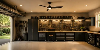Garage ceiling fan with warm white - 3000K LED lighting creating a comfortable residential utility space