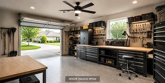 Garage ceiling fan with 4000K neutral white LED lighting above organized workshop and tool area