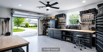 Garage ceiling fan with bright 5000K daylight LED lighting for workshops and detailed repair tasks