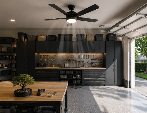 Smart garage ceiling fan with automated scheduling and energy saving operation in a modern workshop space
