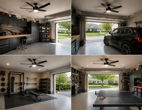 Garage ceiling fan with adjustable LED lighting demonstrating recommended brightness for workshop, vehicle storage, garage gym, and multi-purpose garage applications