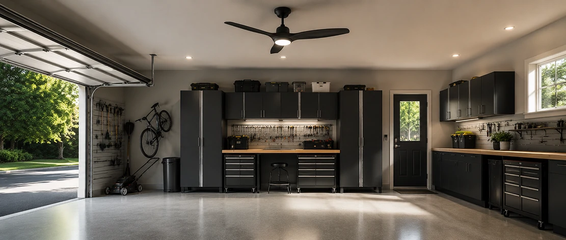 Garage ceiling fan with integrated LED light installed in a residential utility space demonstrating illumination coverage and premium lighting design