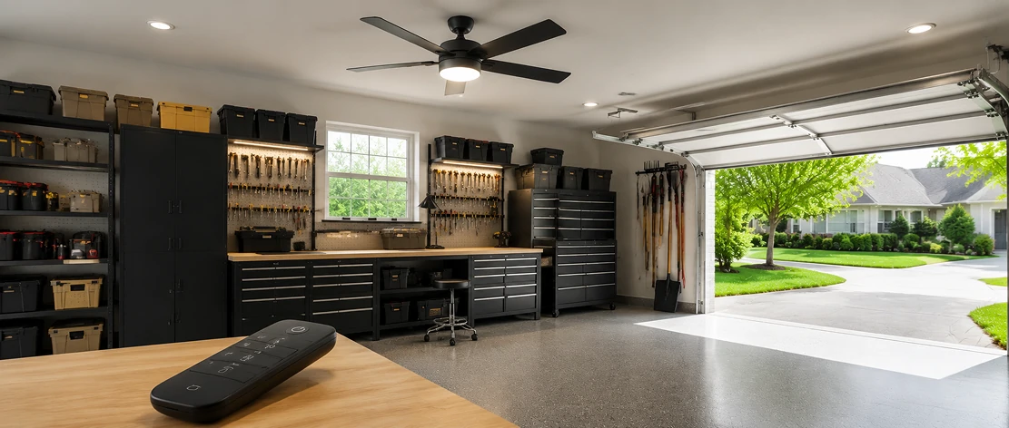 Smart garage ceiling fan with remote control and integrated LED light in a modern workshop space