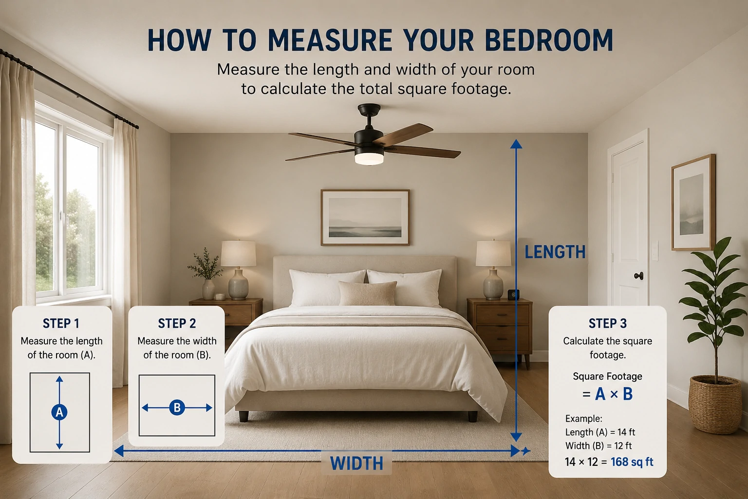 How to measure bedroom length and width for the right ceiling fan size
