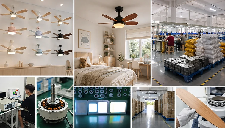 Professional small room ceiling fan manufacturing workspace showcasing OEM and ODM production capabilities, emphasizing Kids Room ceiling fans and factory quality assurance