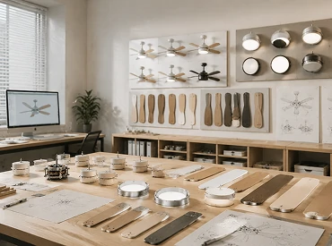 Engineering workspace for kids room ceiling fan OEM and ODM customization, showing fan blades, motors, and lighting prototypes in a Scandinavian office