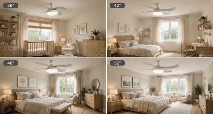 Comparison of kids room ceiling fan sizes installed in nursery rooms, bedrooms, and apartments for space planning