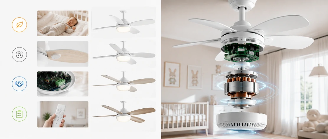 Kids room ceiling fan with quiet DC motor technology installed in a Scandinavian style bedroom for comfort and energy efficiency
