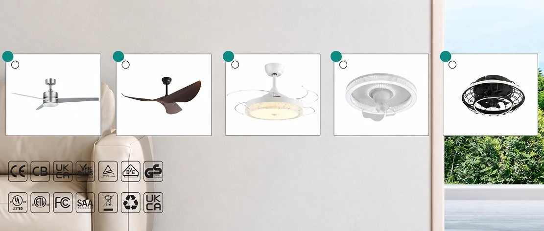 Top view of multiple kitchen ceiling fans with different blade materials and colors displayed on a premium showroom table, highlighting product variety and customization options for kitchen
