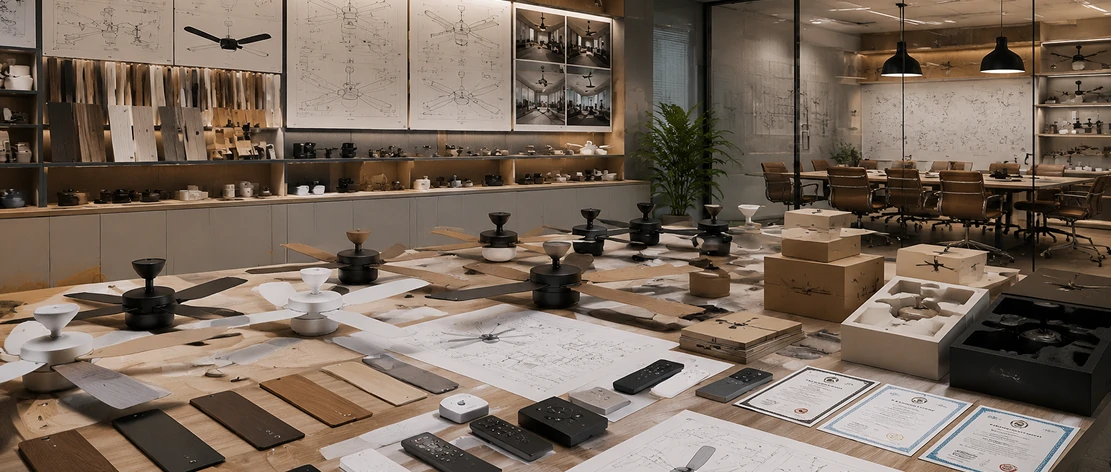 Modern OEM and ODM product development workspace with kitchen ceiling fan prototypes, custom packaging, blade samples, and engineering drawings
