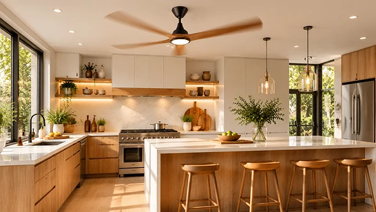 Modern kitchen interior featuring a ceiling fan with quiet DC motor and energy-efficient operation