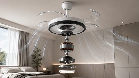30W DC motor technology inside a retractable ceiling fan with quiet airflow and energy-efficient performance