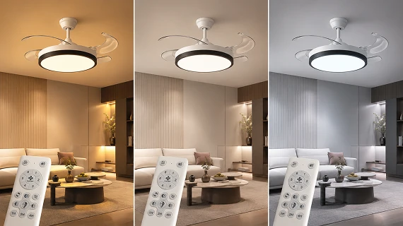 Adjustable dimmable LED lighting modes on a retractable ceiling fan with remote control