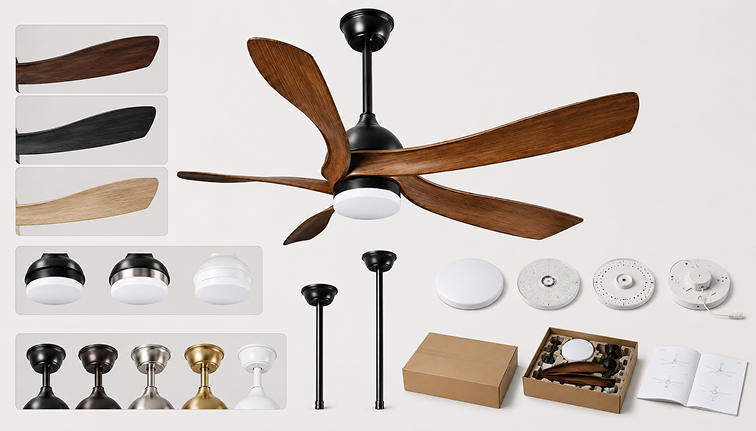 56-inch walnut ceiling fan with LED light showing OEM ODM customization options for brand customers