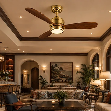 Popular brass finish retro ceiling fan collection for hospitality projects