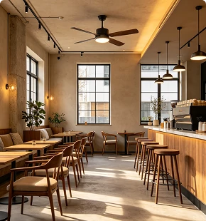Modern coffee shop ceiling fan with integrated LED light