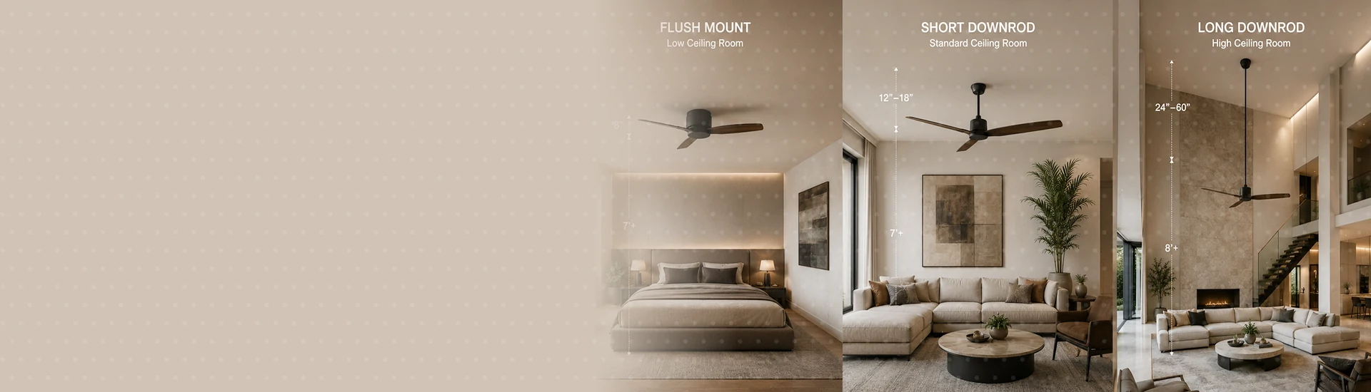 Comparison of flush mount and downrod ceiling fan installation heights