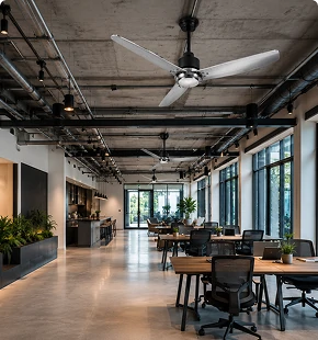 Metal blade ceiling fan in commercial building