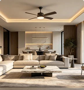 Downrod ceiling fan installation in contemporary living room