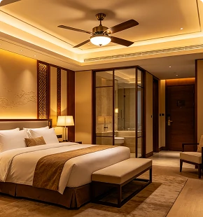 Hotel ceiling fan project with modern downrod mounting system