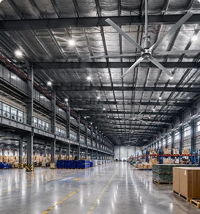 Industrial metal ceiling fan in warehouse facility