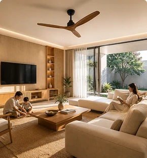 Wood blade ceiling fan installed in modern living room
