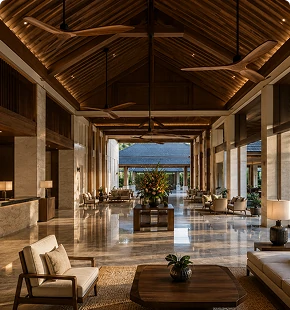 Wood blade ceiling fan in luxury hotel lobby