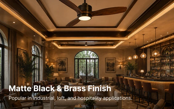 Matte black and brass retro ceiling fan in a boutique hotel interior