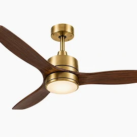 Mid-century retro ceiling fan with walnut wood blades and brass finish