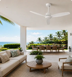 Outdoor ABS blade ceiling fan on covered patio