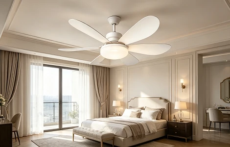 Quiet white ceiling fan with light in a comfortable bedroom