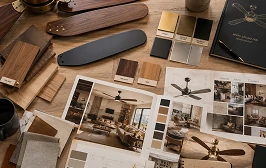 Retro ceiling fan finish comparison including walnut, black, and brass options