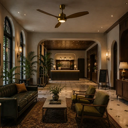 Retro ceiling fan installed in a boutique hotel project