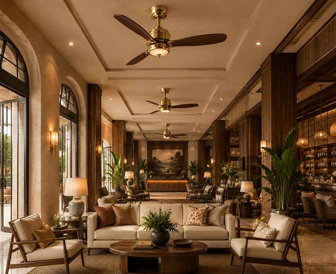 Retro ceiling fans installed in a boutique hotel hospitality project