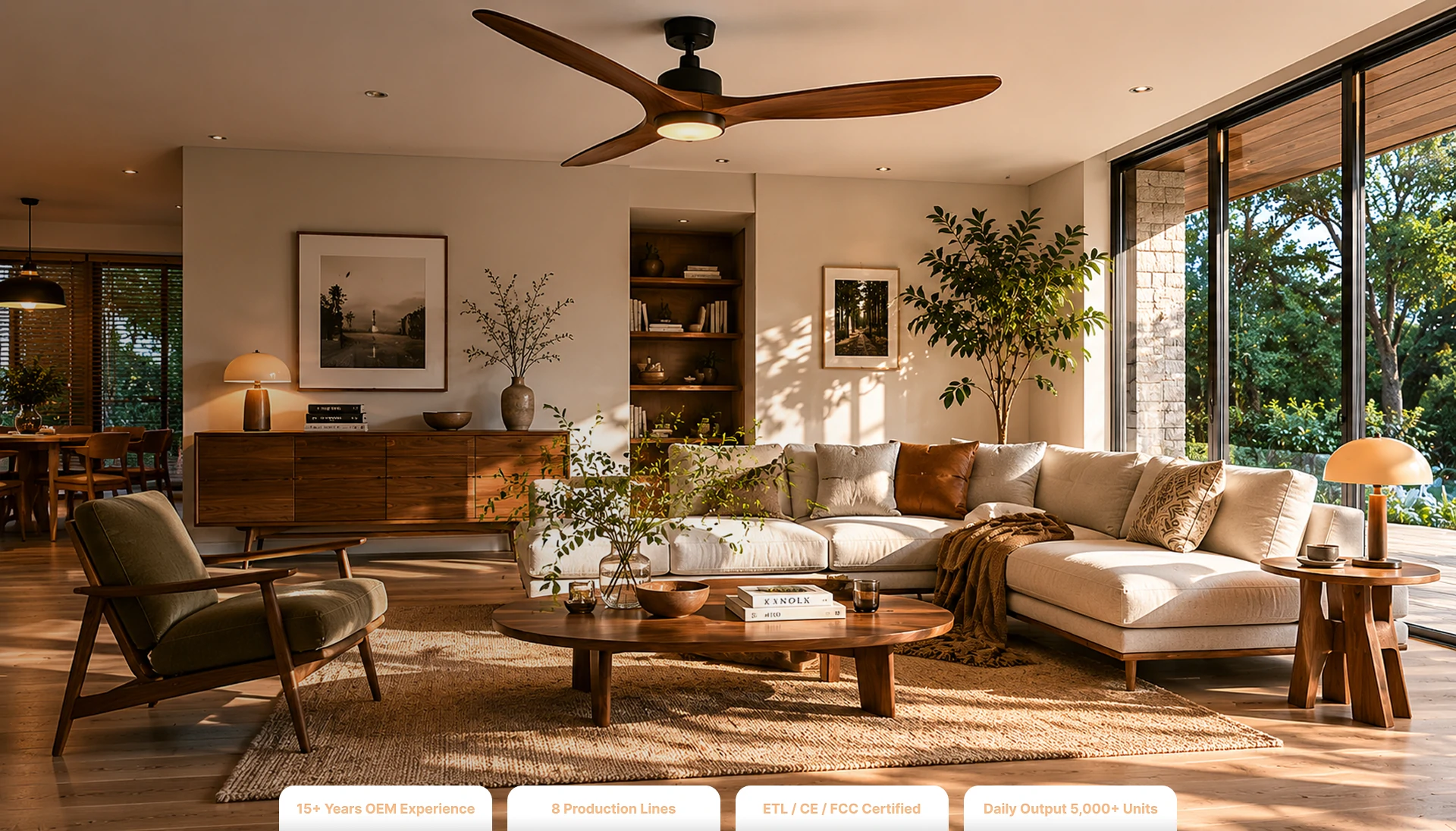 Retro ceiling fan with walnut blades in a modern mid-century living room
