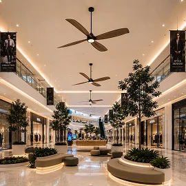 Commercial ceiling fans for shopping mall spaces