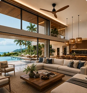 Wood blade ceiling fan installed in luxury villa